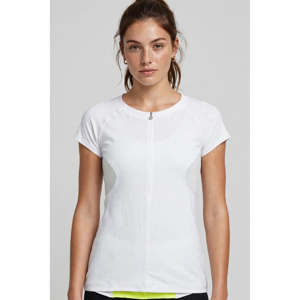 Lululemon White Cycling Jersey Short Sleeve‎ Zip Front Mesh Back Pockets Size 12